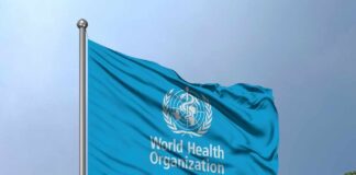 Flag of the World Health Organization waving against a blue sky