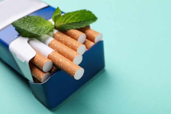 A pack of cigarettes with mint leaves on top against a blue background