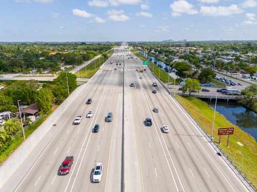 Florida,Turnpike,Aerial,Photo,2024 Aerial view of a busy highway with multiple lanes and vehicles