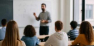 Teacher presenting to students in a classroom