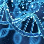DNA double helix with glowing particles
