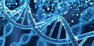 DNA double helix with glowing particles